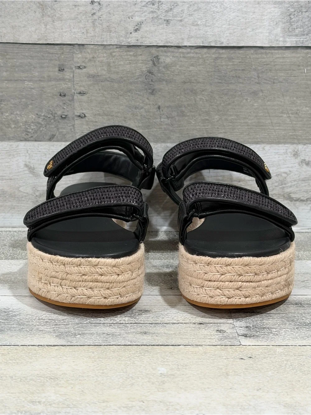 TORY BURCH Sport Platform Espadrille Sandals In Black Raffia Woven Leather Sz-9